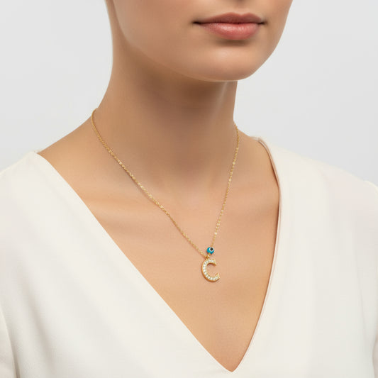 Evil Eye Gold C Buchstabe Damen Silber Halskette