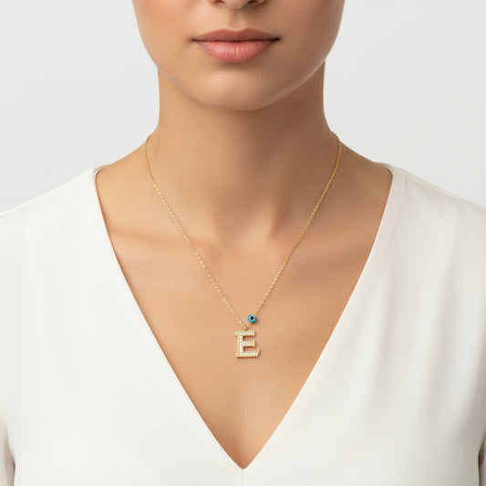 Vergoldete Evil Eye E Buchstabe Damen Silber Halskette