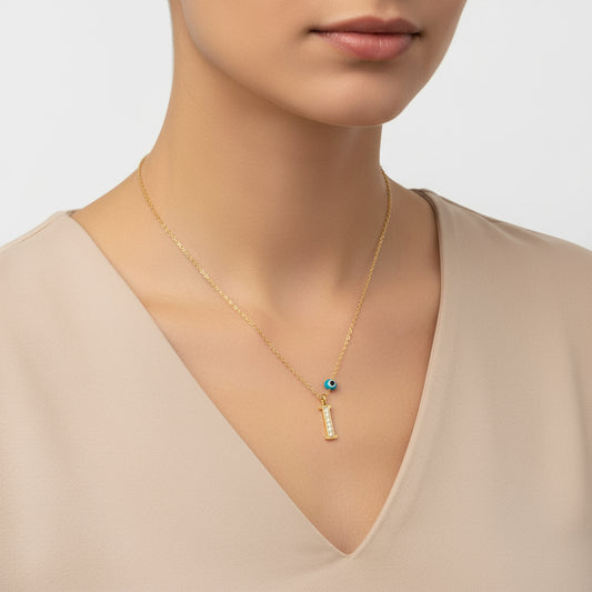 Evil Eye Vergoldete Damen-Silberkette mit Buchstabe I