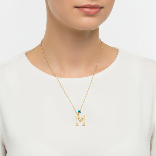 Vergoldete Evil Eye M Buchstabe Damen Silber Halskette