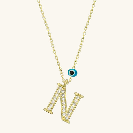 N Letter Evil Eye Gold Plated Women's Silver Necklace