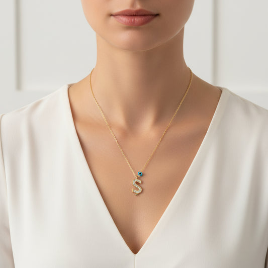 Vergoldete Evil Eye $ Buchstabe Damen Silber Halskette