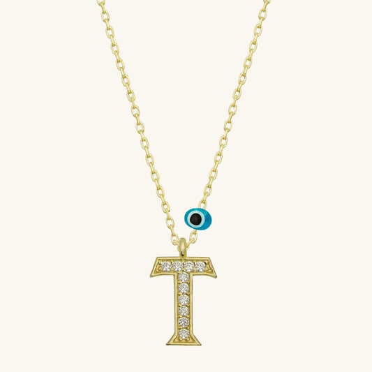 Evil Eye Gold T Buchstabe Damen Silber Halskette