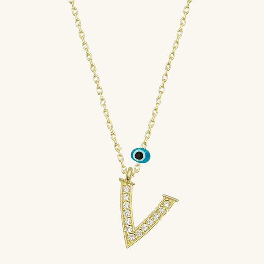 Nazar Gold Plated V Letter Women's Silver Necklace