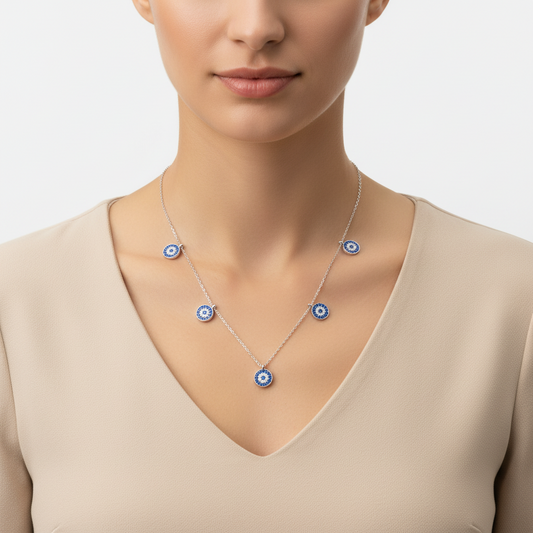 Collier en argent pour femme avec mauvais œil porte-bonheur