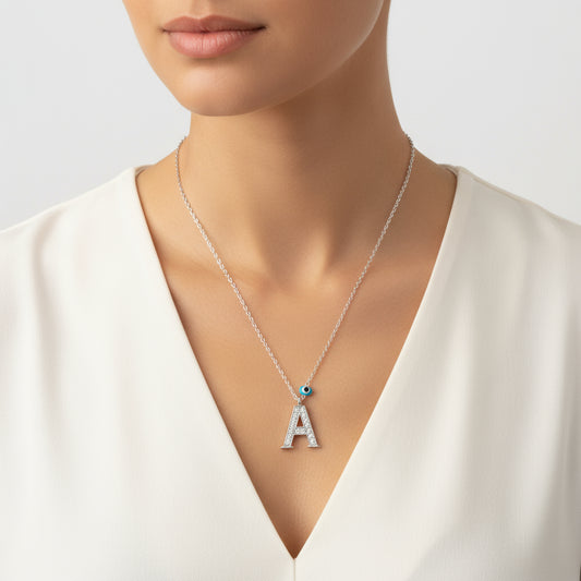Evil Eye Rhodium Buchstabe A Damen Silber Halskette