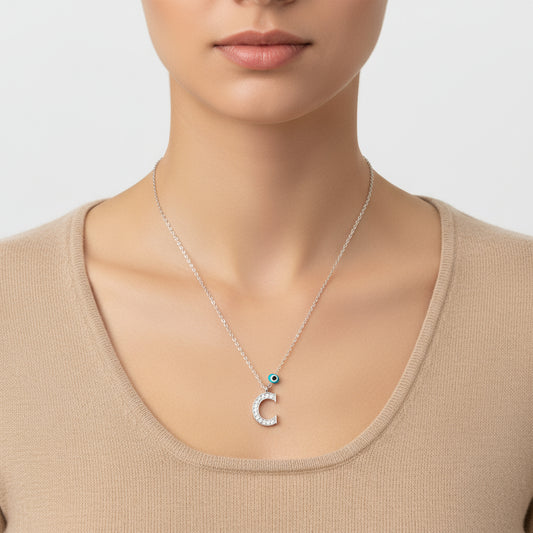 Evil Eye Rodyum C Buchstabe Damen Silber Halskette