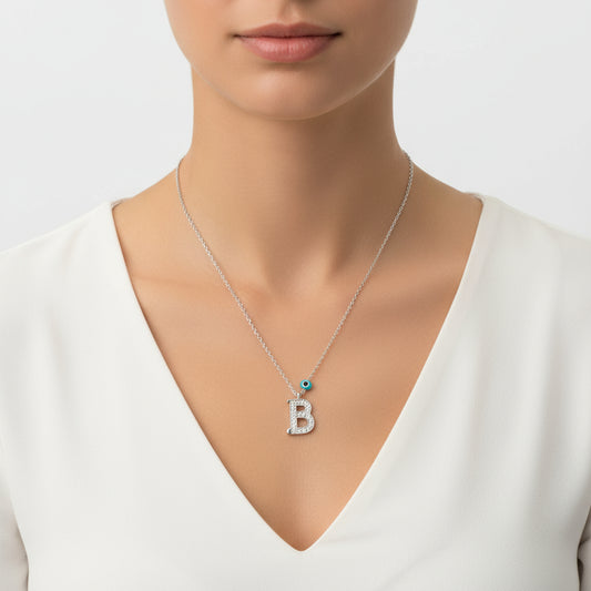Evil Eye Rodyum B Buchstabe Damen Silber Halskette