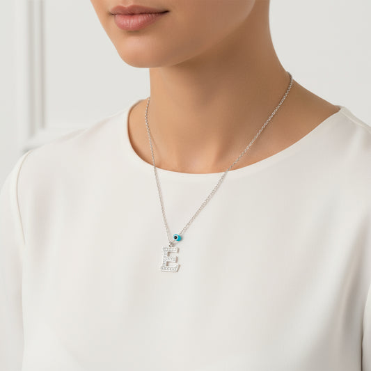 Evil Eye Rhodium E Buchstabe Damen Silber Halskette