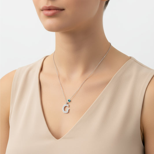 G Buchstabe Evil Eye Rhodinierte Damen Silber Halskette