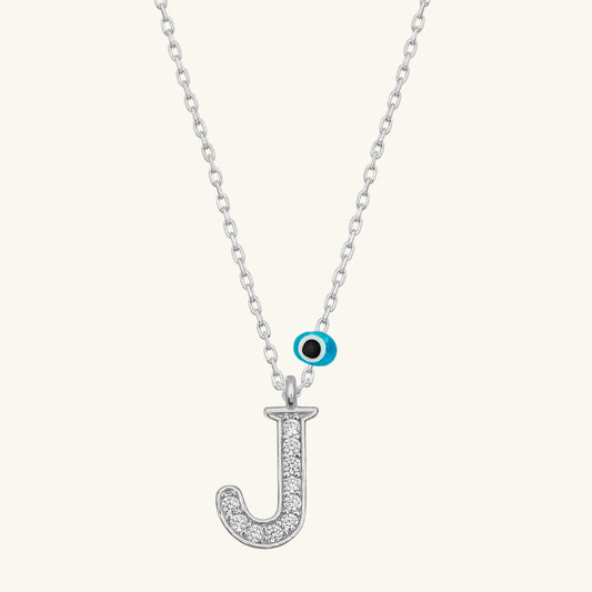 Evil Eye Rhodium J Buchstabe Damen Silber Halskette