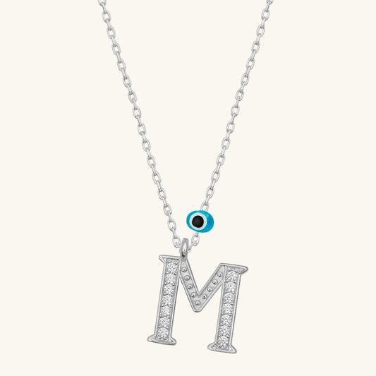 Evil Eye Rodyum M Buchstabe Damen Silber Halskette