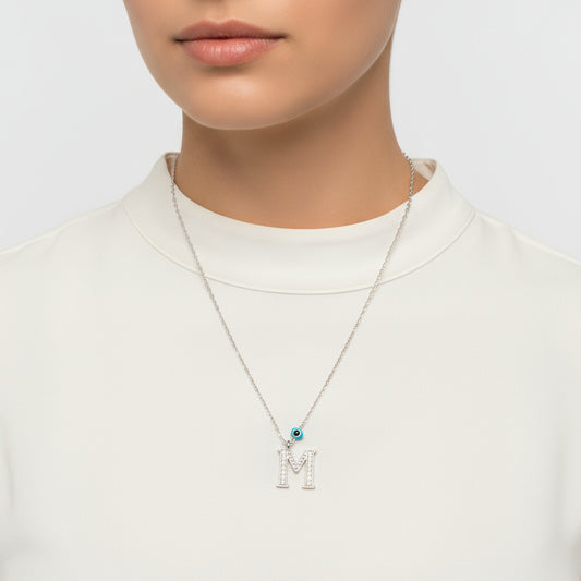 Evil Eye Rodyum M Buchstabe Damen Silber Halskette