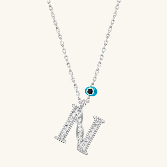 N Buchstabe Evil Eye Rhodium Damen Silber Halskette