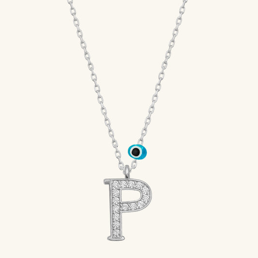 Evil Eye Rhodium P Buchstabe Damen Silber Halskette