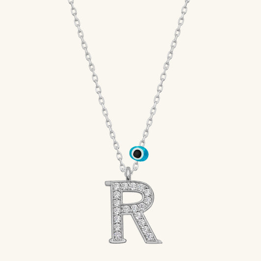 R Buchstabe Evil Eye Rhodium Damen Silber Halskette