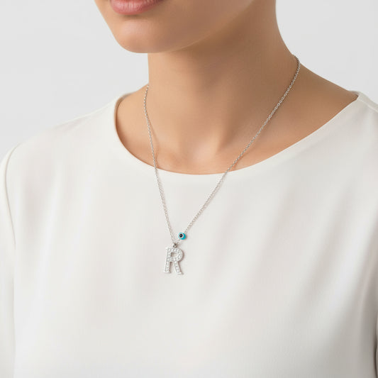 R Buchstabe Evil Eye Rhodium Damen Silber Halskette