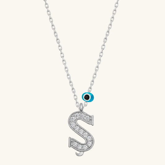 Evil Eye Rhodium Buchstabe $ Damen Silber Halskette