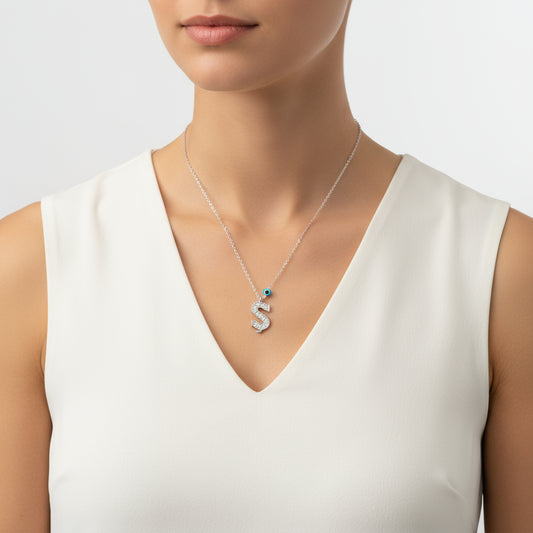 Evil Eye Rhodium Buchstabe $ Damen Silber Halskette