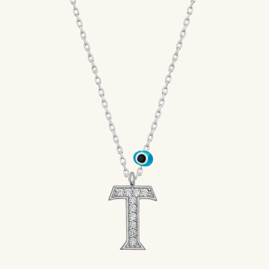 Evil Eye Rhodium T Buchstabe Damen Silber Halskette