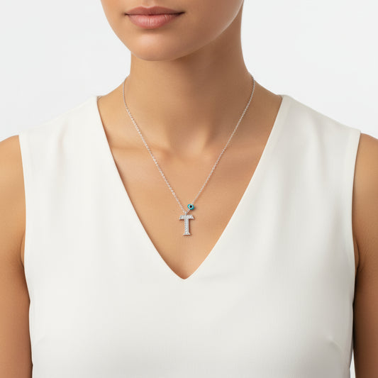 Evil Eye Rhodium T Buchstabe Damen Silber Halskette
