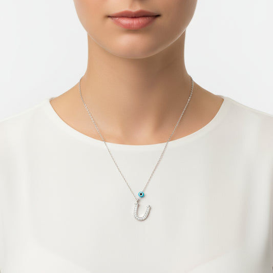 Evil Eye Rhodium U Buchstabe Damen Silber Halskette