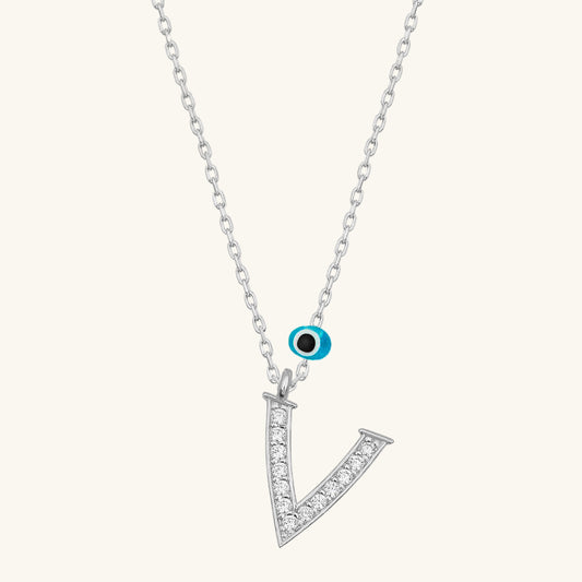 Evil Eye Rodyum V Buchstabe Damen Silber Halskette