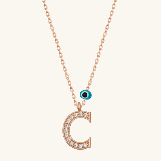 Evil Eye Rose C Buchstabe Damen Silber Halskette