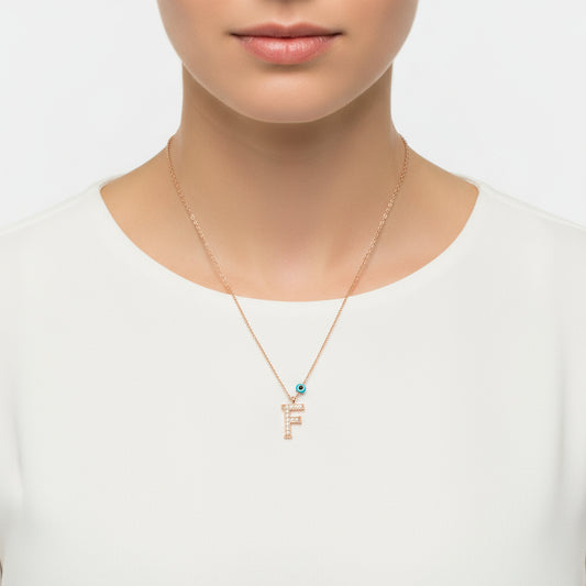 Evil Eye Rose F Buchstabe Damen Silber Halskette