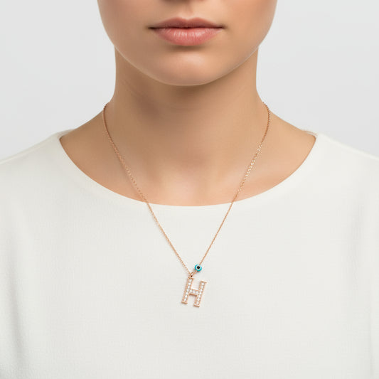 Evil Eye Rose H Buchstabe Damen Silber Halskette