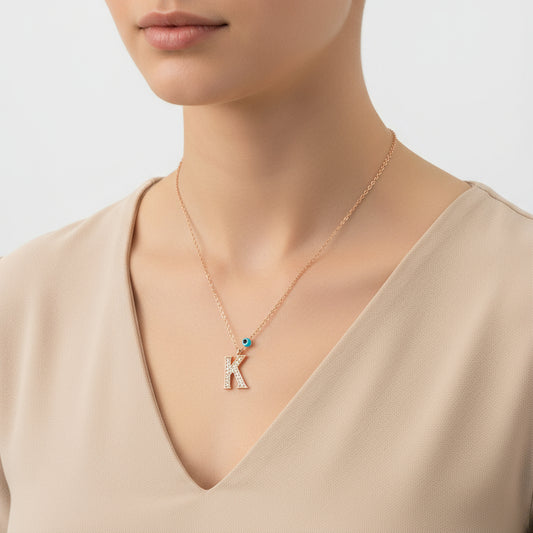 Evil Eye Rose K Buchstabe Damen Silber Halskette