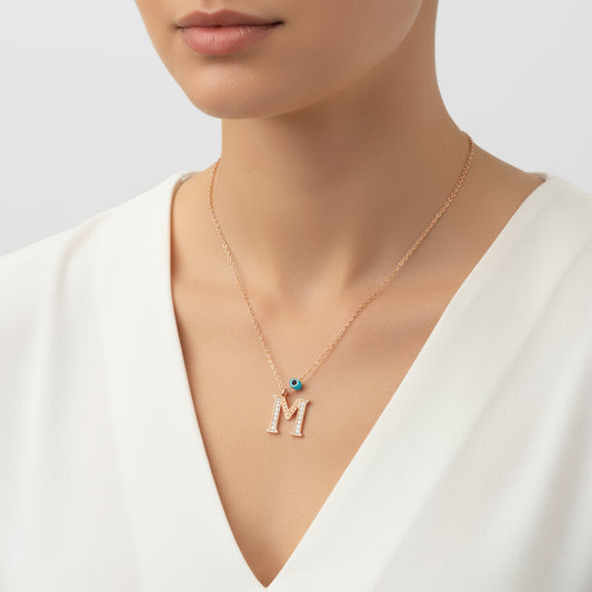 Evil Eye Rose M Buchstabe Damen Silber Halskette