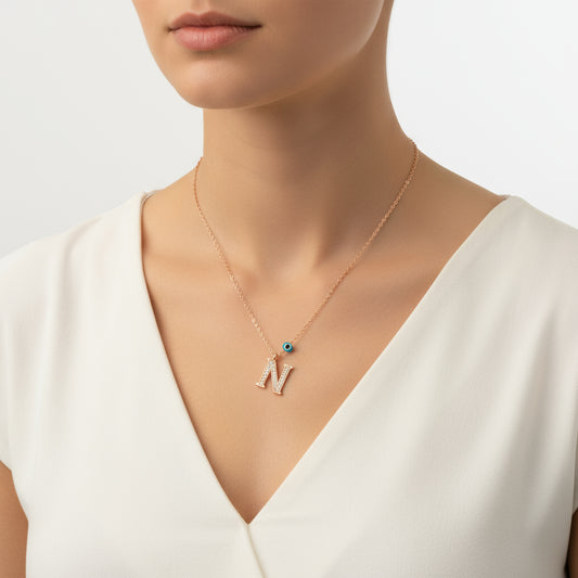 Evil Eye Rose N Buchstabe Damen Silber Halskette