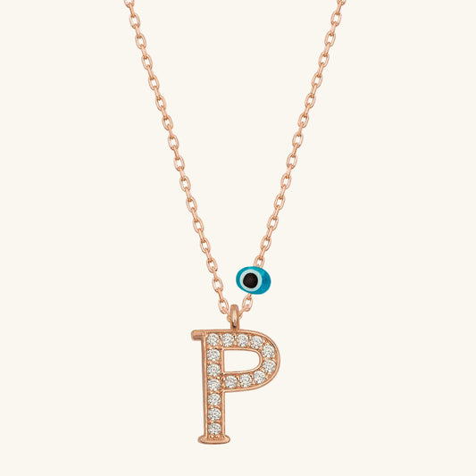 Evil Eye Rose P Buchstabe Damen Silber Halskette