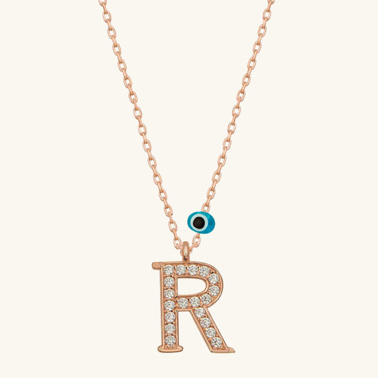 Evil Eye Rose R Buchstabe Damen Silber Halskette