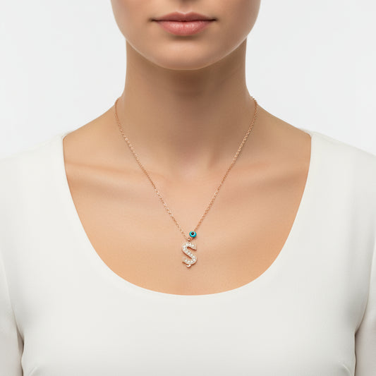 Evil Eye Rose '$' Buchstabe Damen Silber Halskette