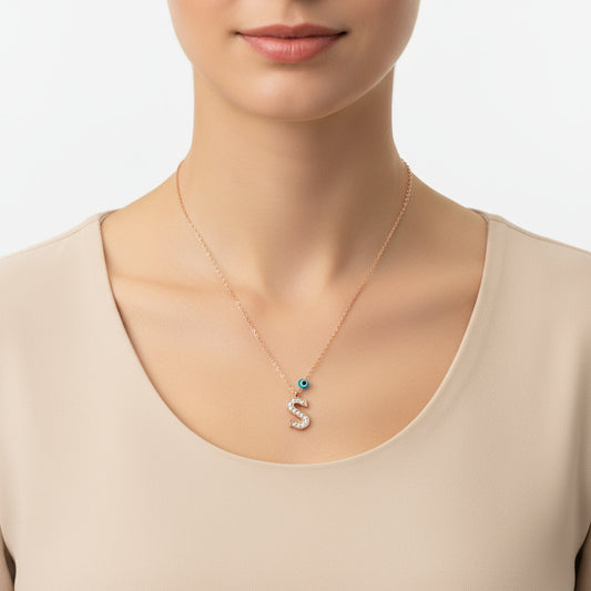 Evil Eye Rose S Buchstabe Damen Silber Halskette