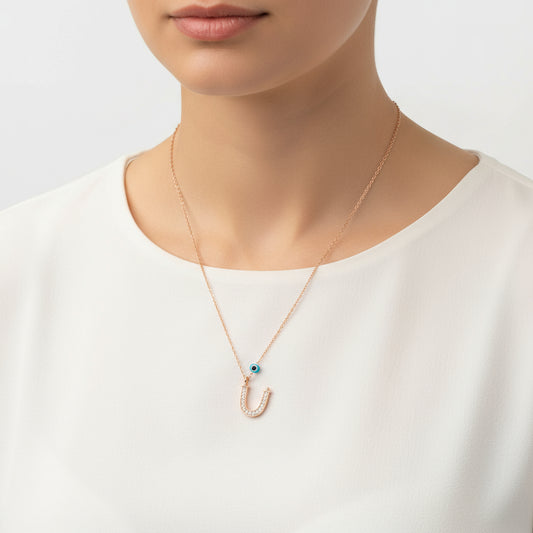 Evil Eye Rose vergoldet Buchstabe U Damen Silber Halskette