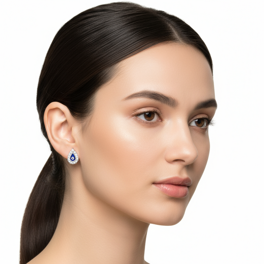 White Stone Evil Eye Drop Stud Women's Silver Earrings
