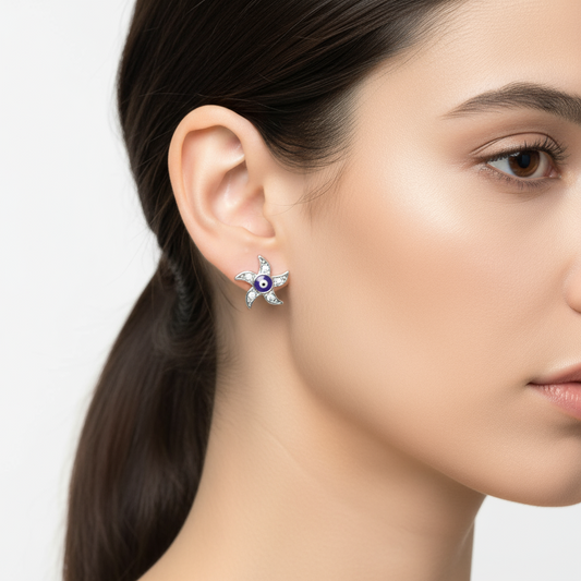 Evil Eye Starfish Stud Silver Earrings