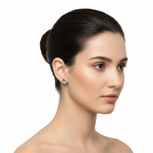 Heart-Shaped Evil Eye Stud Silver Earrings