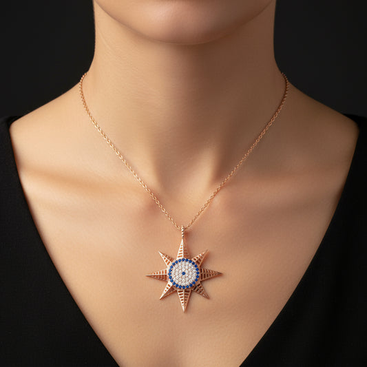 Rose Plated Evil Eye North Star Women's Silver Necklace