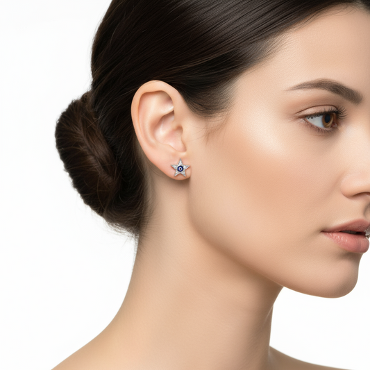 Evil Eye Star Stud Silver Earrings