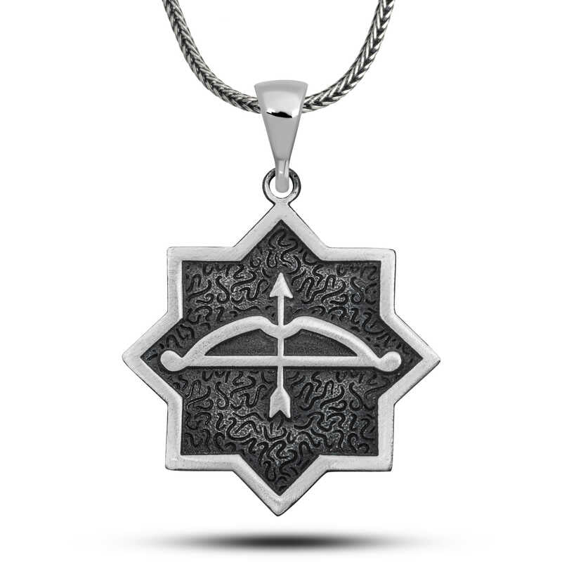 Bow and Arrow Engraved Octagonal Design Silver Necklace