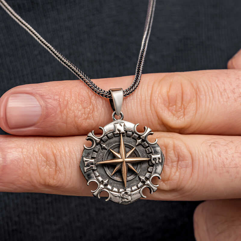 Oxidized Compass Men's Silver Necklace