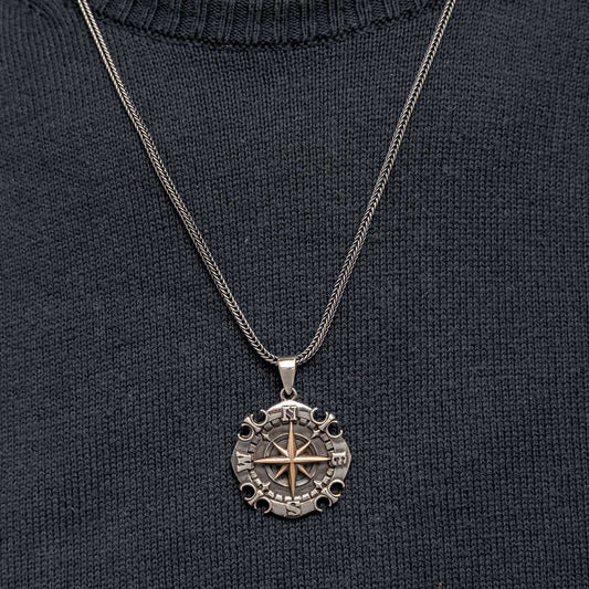 Oxidized Compass Men's Silver Necklace