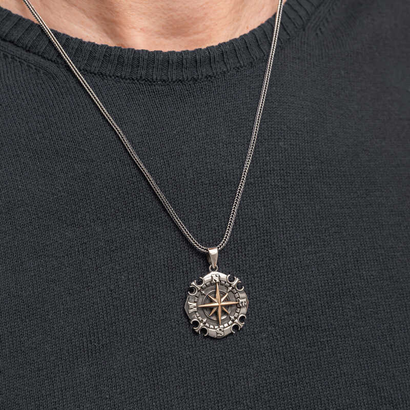 Oxidized Compass Men's Silver Necklace