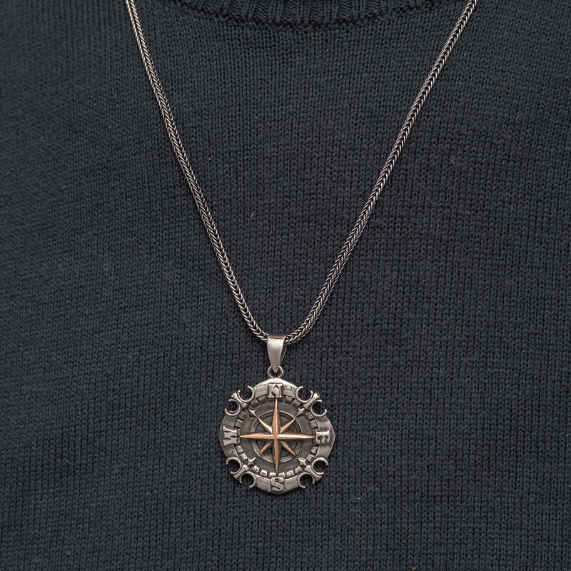 Oxidized Compass Men's Silver Necklace