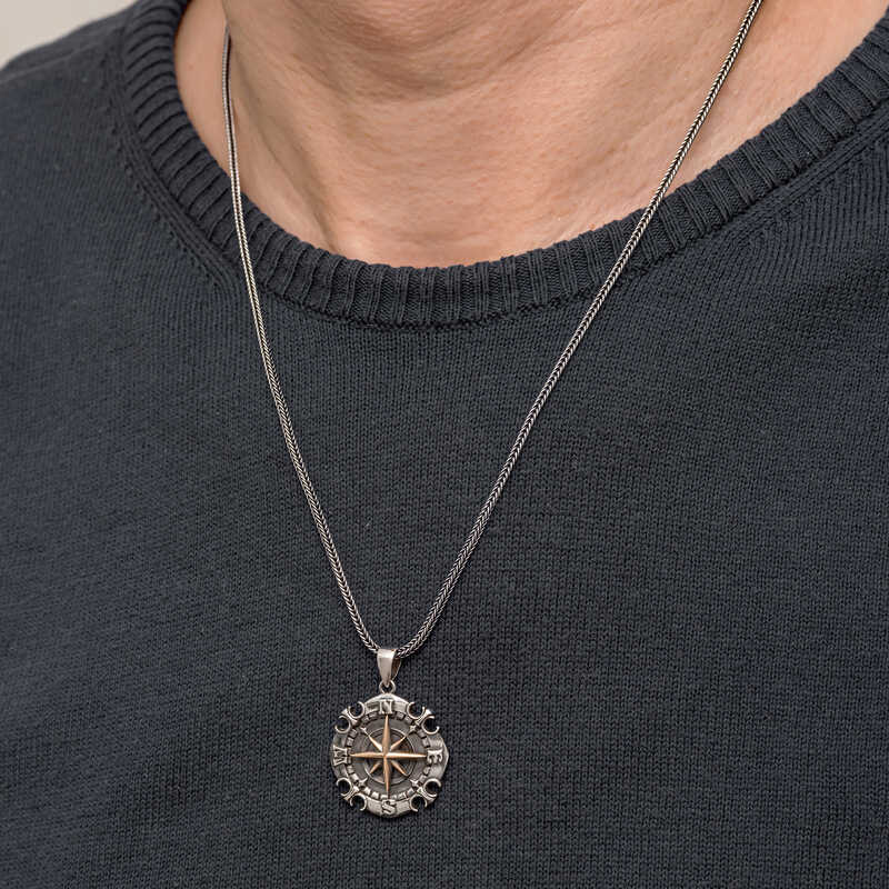 Oxidized Compass Men's Silver Necklace