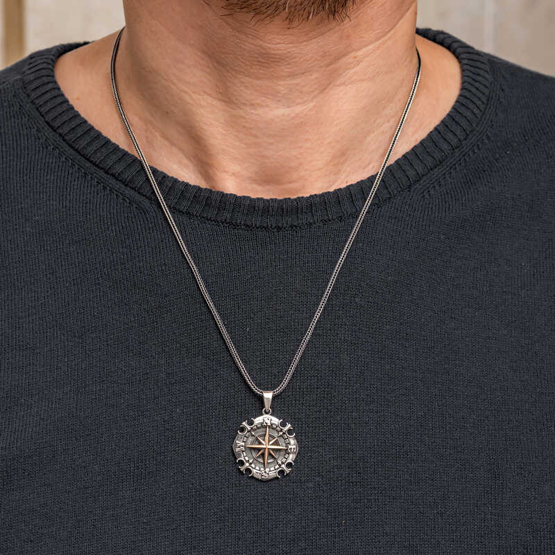 Oxidized Compass Men's Silver Necklace